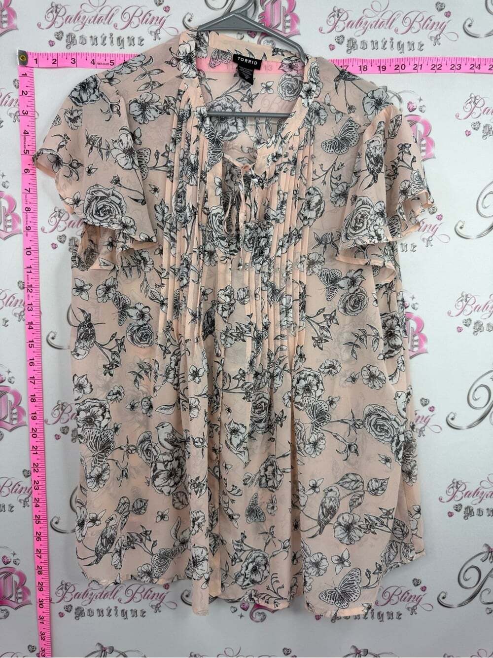 torrid Peach Floral Tie-Neck Blouse with Ruffle Sleeves